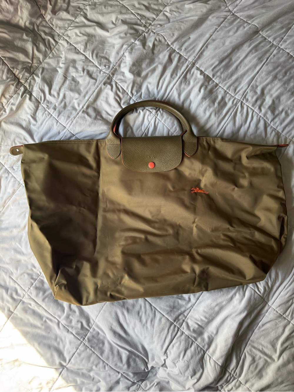 Longchamp Olive Green Nylon Tote with Orange Accent
